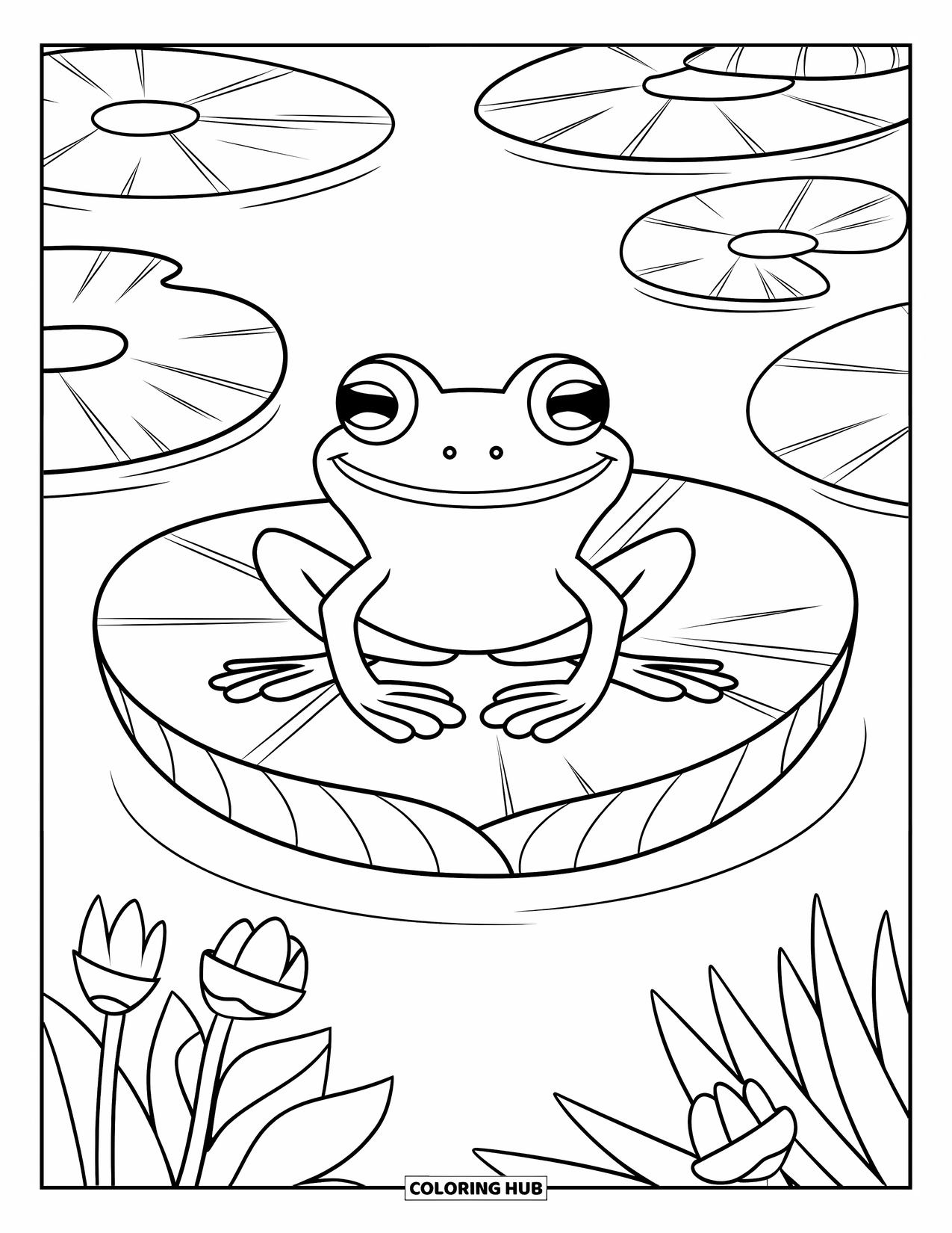 Puerto Rico Coloring Page for Kids: A smiling coqui frog sits on a lily pad in a peaceful pond
