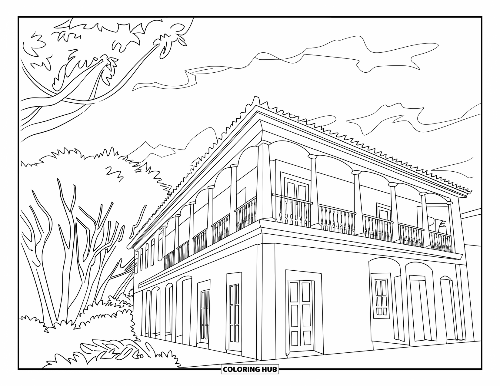 Puerto Rico Coloring Page for Kids: A Spanish-style home in Old San Juan with trees and balconies