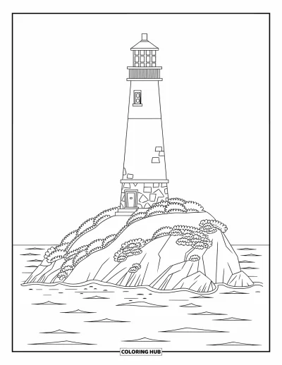 Coloriage de Porto Rico pour enfants : Un phare en pierre s'élève depuis une île verdoyante au bord de la mer