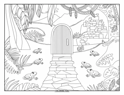 Coloriage de Porto Rico pour enfants : Un chemin de pierres traverse une jungle peuplée de grenouilles jusqu'à une porte cachée
