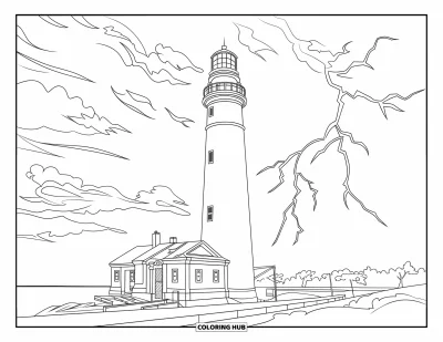 Coloriage de Porto Rico pour enfants : Un phare battu par les tempêtes à Porto Rico résiste aux vagues déferlantes