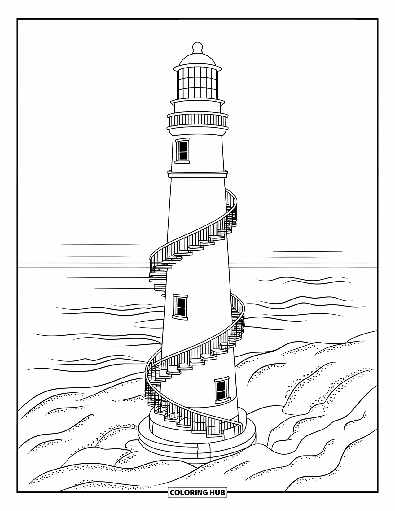 Puerto Rico Coloring Page for Kids: A tall Puerto Rican lighthouse rises above calm ocean waves