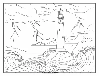 Coloriage de Porto Rico pour enfants : Un vieux phare tient bon au milieu des éclairs et des mers agitées
