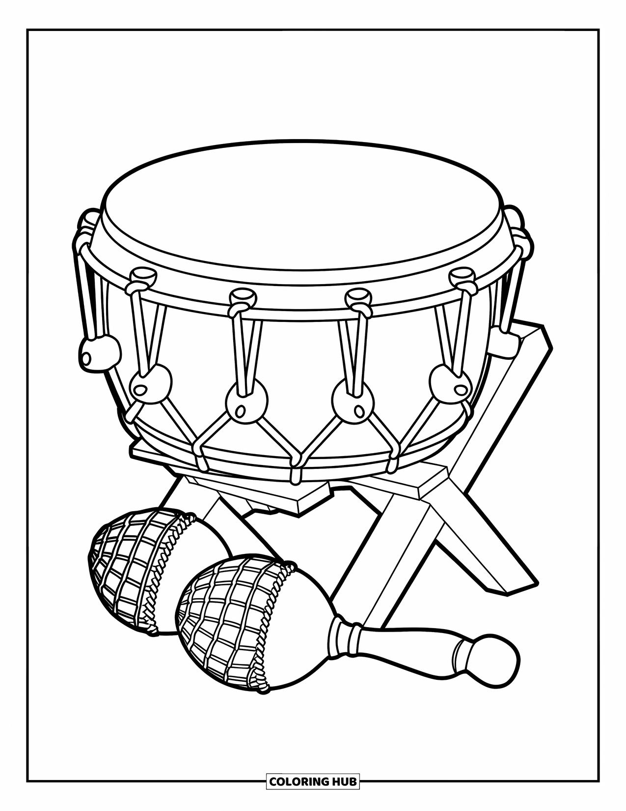 Puerto Rico Coloring Page for Kids: A wooden drum and maracas rest on a stand, ready to play