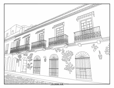 Coloriage de Porto Rico pour enfants : Une élégante maison du Vieux San Juan avec des fenêtres en arche et des lanternes