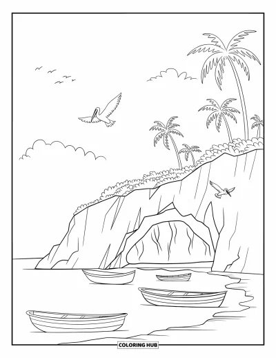Coloriage de Porto Rico pour enfants : Des bateaux et des pélicans rassemblés près d'une falaise rocheuse de Porto Rico bordée de palmiers