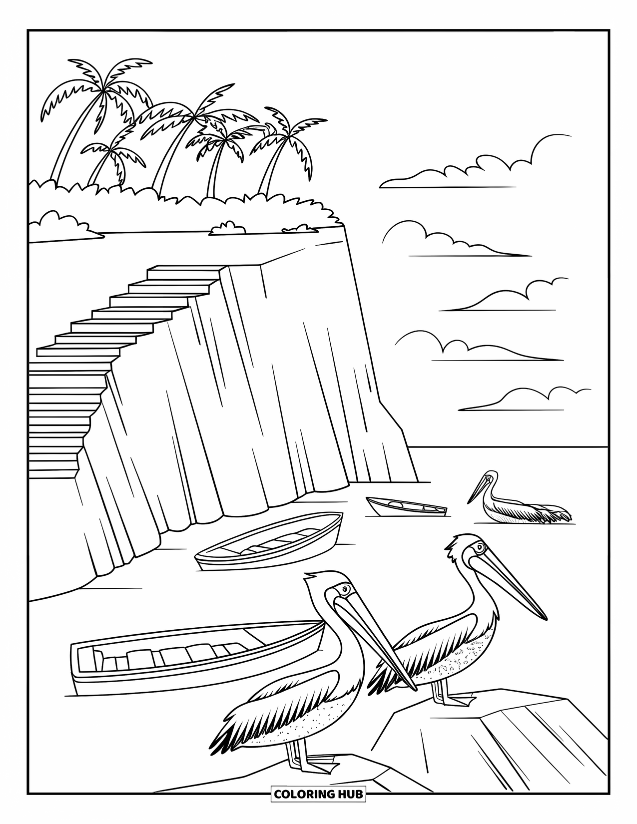 Puerto Rico Coloring Page for Kids: Boats rest below a Puerto Rican cliff where pelicans perch and fly