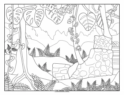 Coloriage de Porto Rico pour enfants : Des coquis agrippés aux lianes et aux fougères dans une forêt profonde de Porto Rico