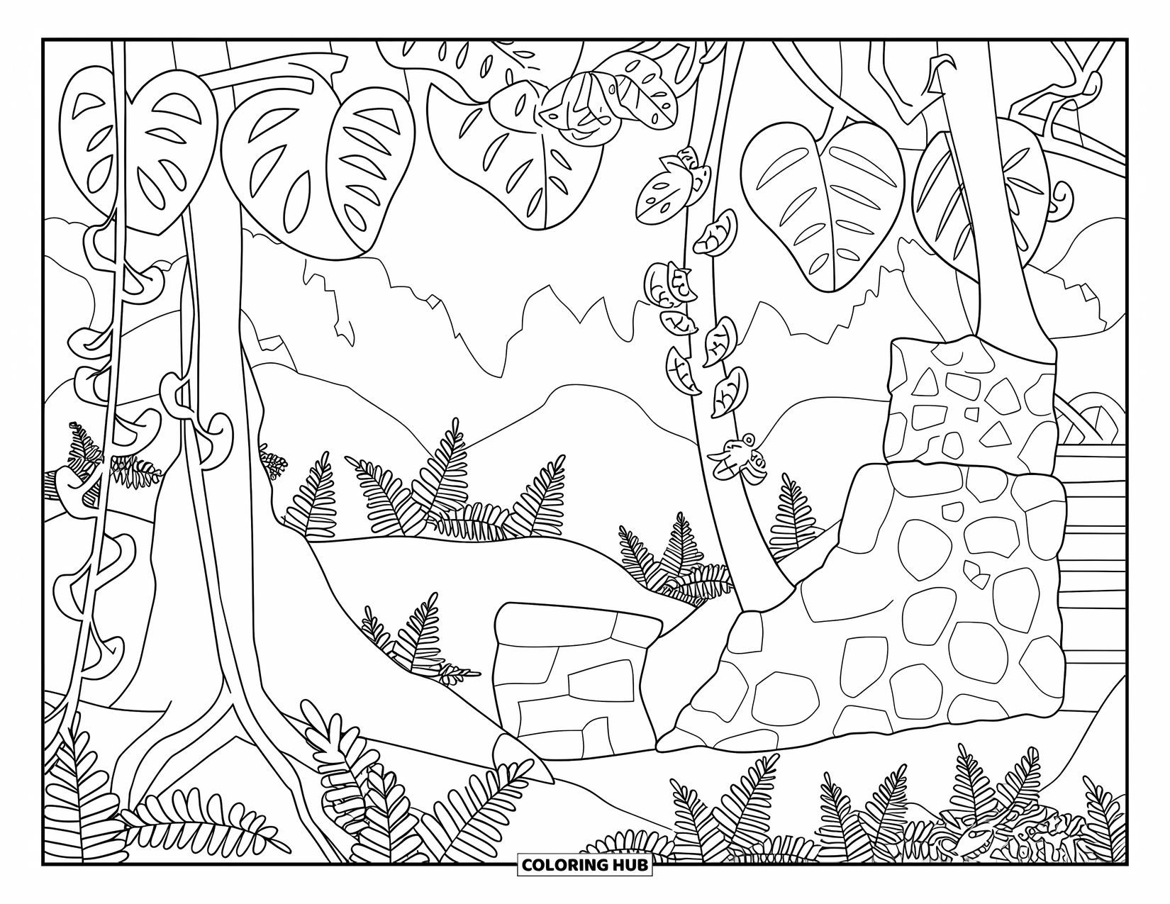 Puerto Rico Coloring Page for Kids: Coqui frogs cling to vines and ferns in a deep Puerto Rican forest