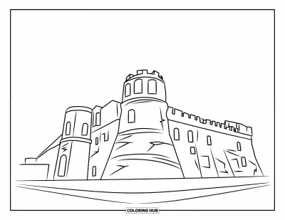 Coloriage de Porto Rico pour enfants : Le château El Morro se dresse fièrement au-dessus de la mer étincelante de Porto Rico