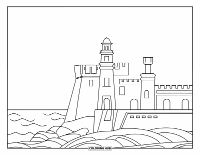 Coloriage de Porto Rico pour enfants : La forteresse El Morro domine l'océan avec ses tours et ses vagues apaisantes