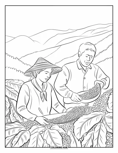 Coloriage de Porto Rico pour enfants : Des fermiers en chapeaux de paille récoltent du café dans les collines verdoyantes de Porto Rico