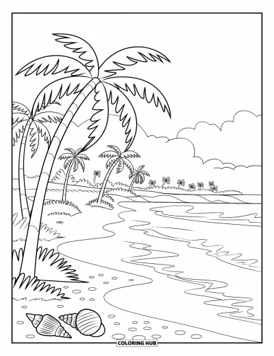 Coloriage de Porto Rico pour enfants : Des vagues écumeuses et des coquillages ornent une plage tropicale ensoleillée de Porto Rico