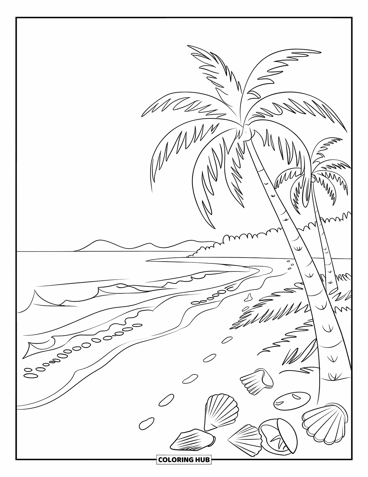 Puerto Rico Coloring Page for Kids: Footprints lead to gentle waves on a Puerto Rican beach