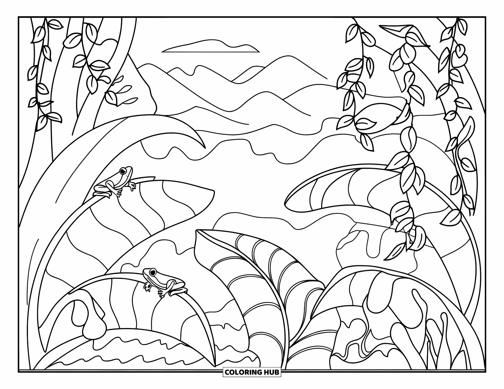 Puerto Rico Coloring Page for Kids: Frogs and vines fill a dense Puerto Rican jungle with tall trees