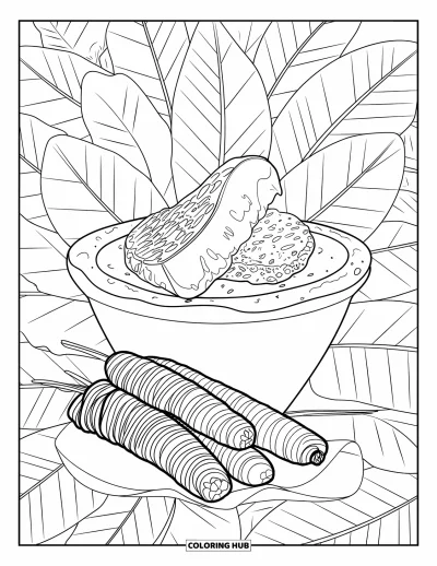 Coloriage de Porto Rico pour enfants : Du mofongo et des pasteles entourés de feuilles tropicales et de motifs décoratifs