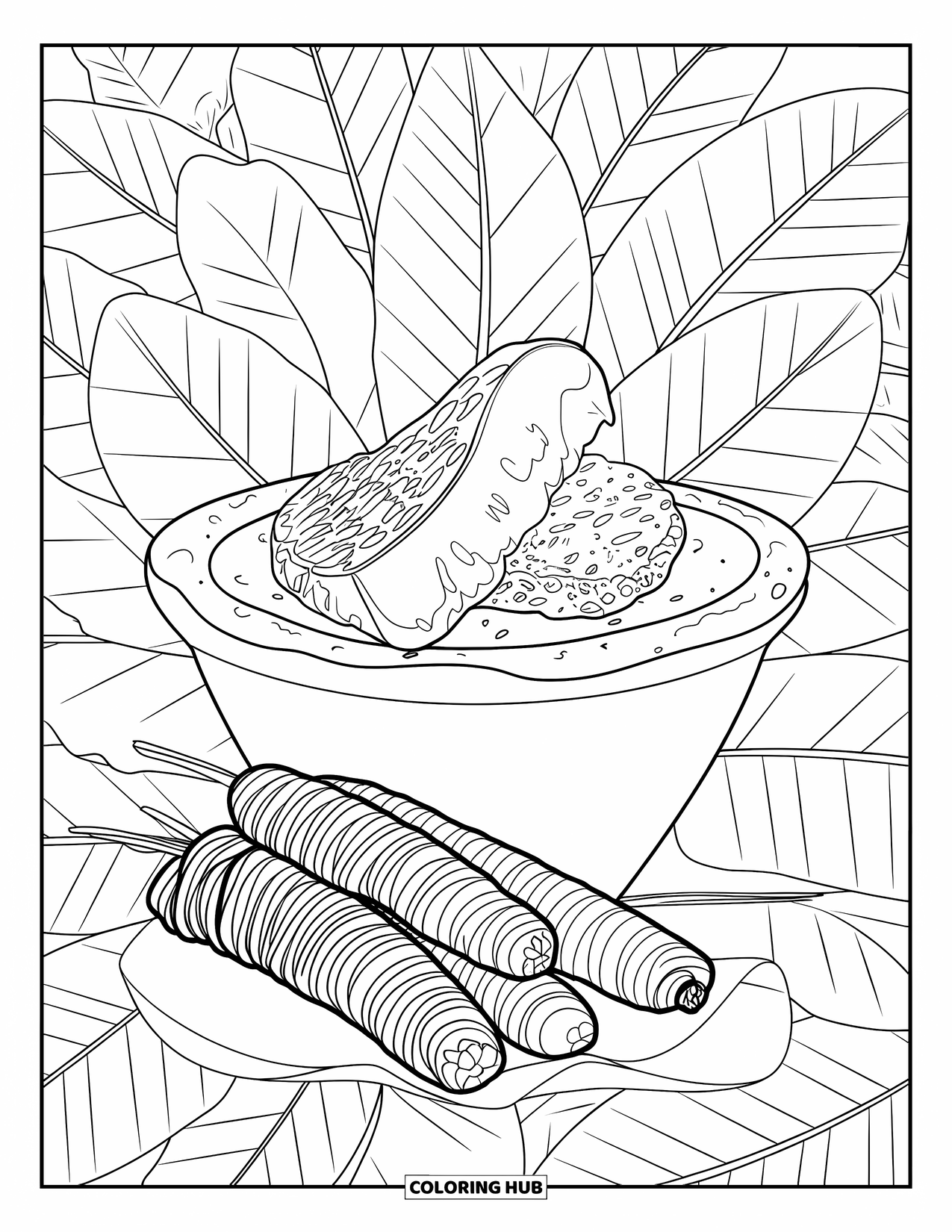 Puerto Rico Coloring Page for Kids: Mofongo and pasteles sit together among tropical leaves and patterns