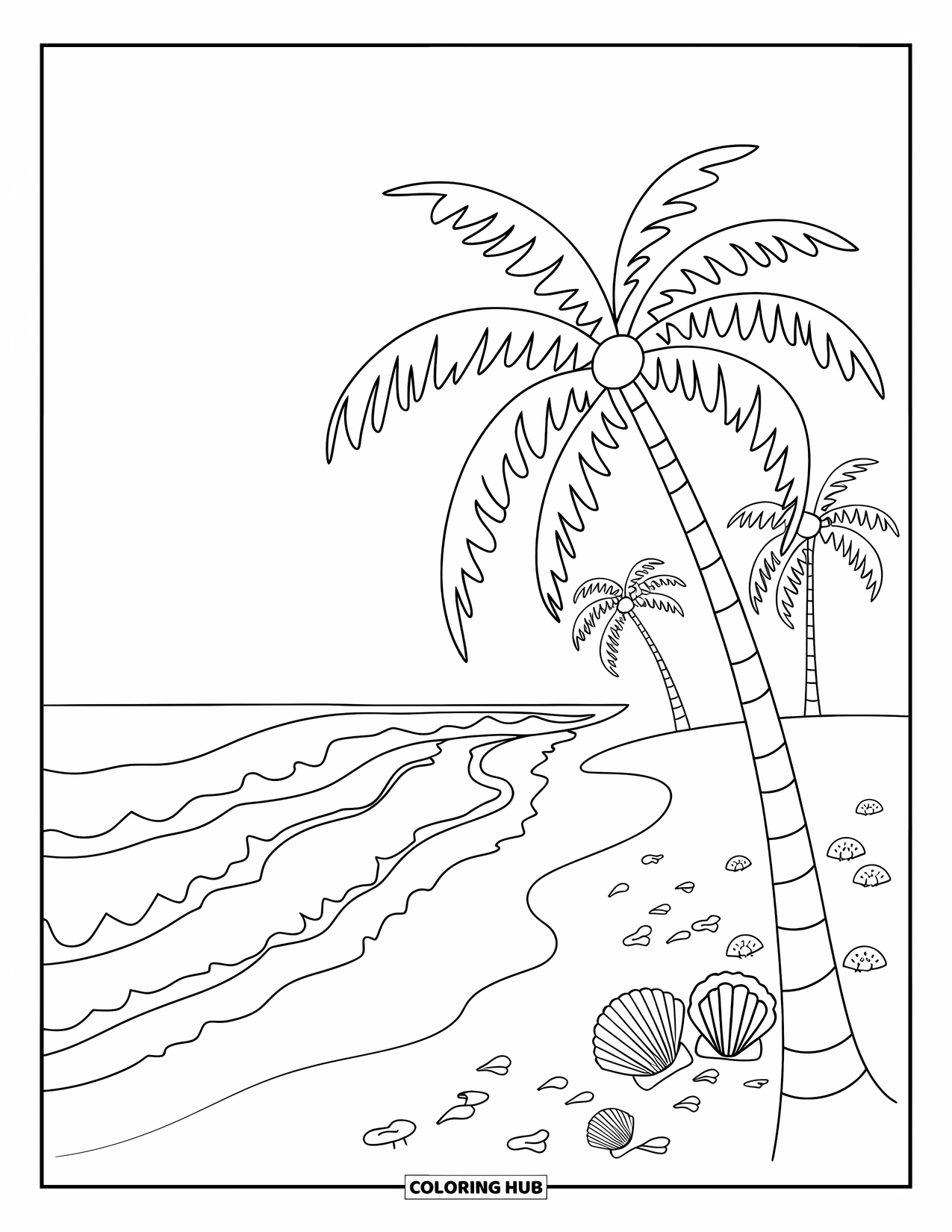 Puerto Rico Coloring Page for Kids: Palm trees and seashells line a sunny Puerto Rican beach