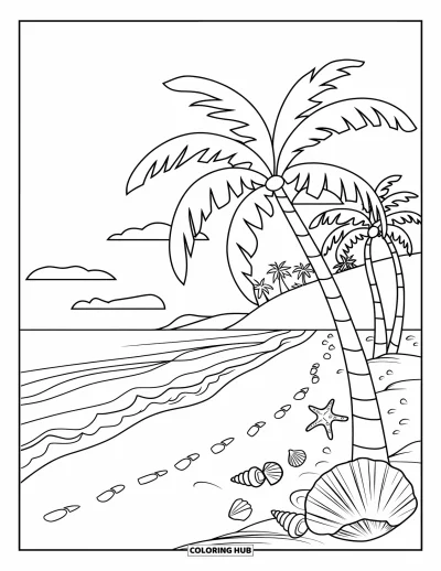 Coloriage de Porto Rico pour enfants : Des palmiers et des coquillages parsèment un rivage chaud et ensoleillé de Porto Rico