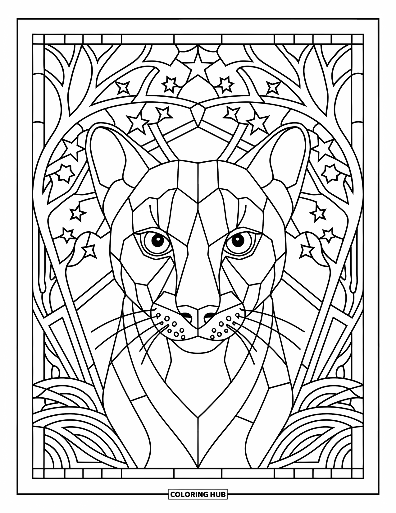 Puma Coloring Page for Adults: A bold puma head appears in a stained glass design with branches and stars