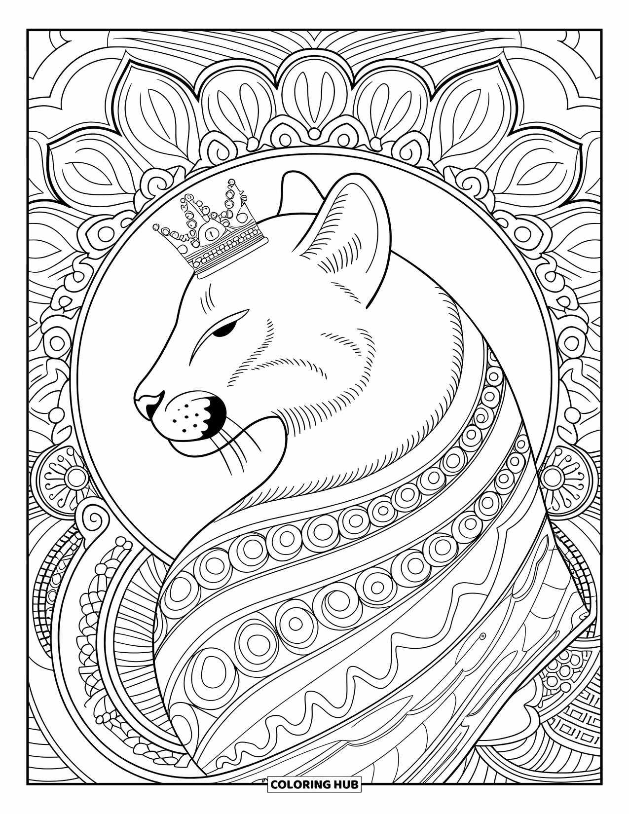Puma Coloring Page for Adults: A crowned puma face sits inside patterned vines and decorative mandala details