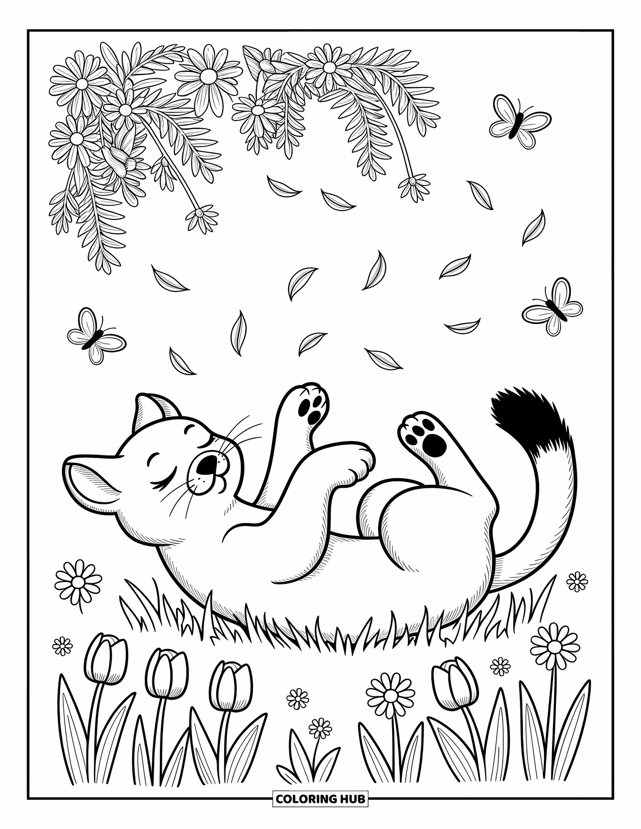 Puma Coloring Page for Adults: A happy puma rolls on its back in flowers while butterflies float nearby