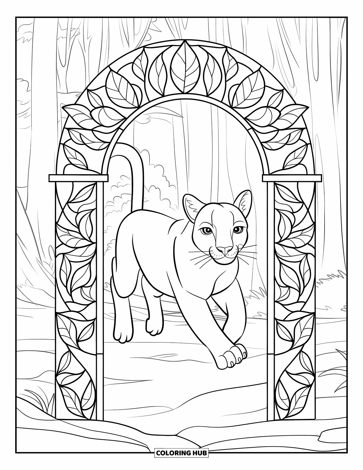 Puma Coloring Page for Adults: A leaping puma soars through a stained glass arch made of forest leaves