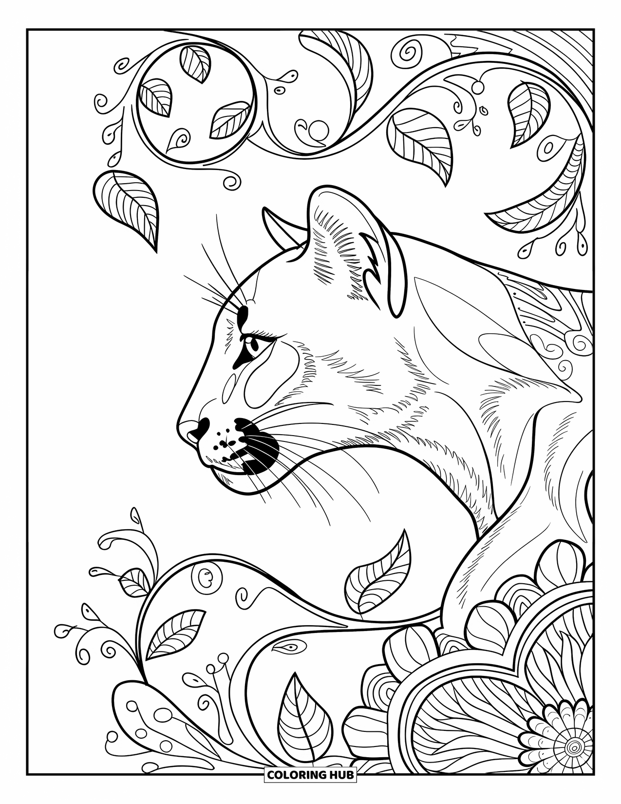 Puma Coloring Page for Adults: A majestic puma face in profile is framed by curling vines and flower spirals