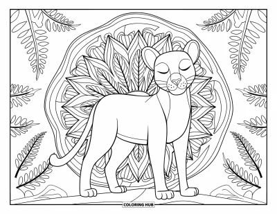 Desen de colorat cu pume pentru adulți: O pumă senină stă pe o stâncă cu ferigi ornamentale formând o mandala circulară