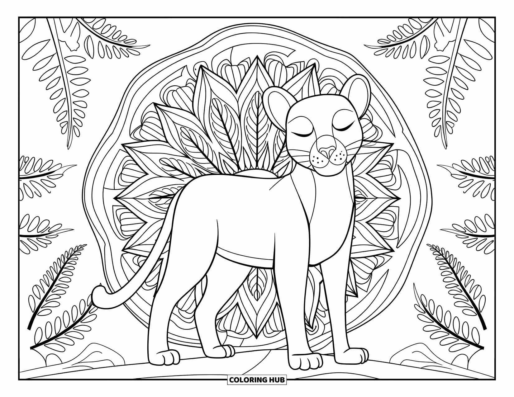 Puma Coloring Page for Adults: A peaceful puma stands on a rock with patterned ferns forming a circular mandala