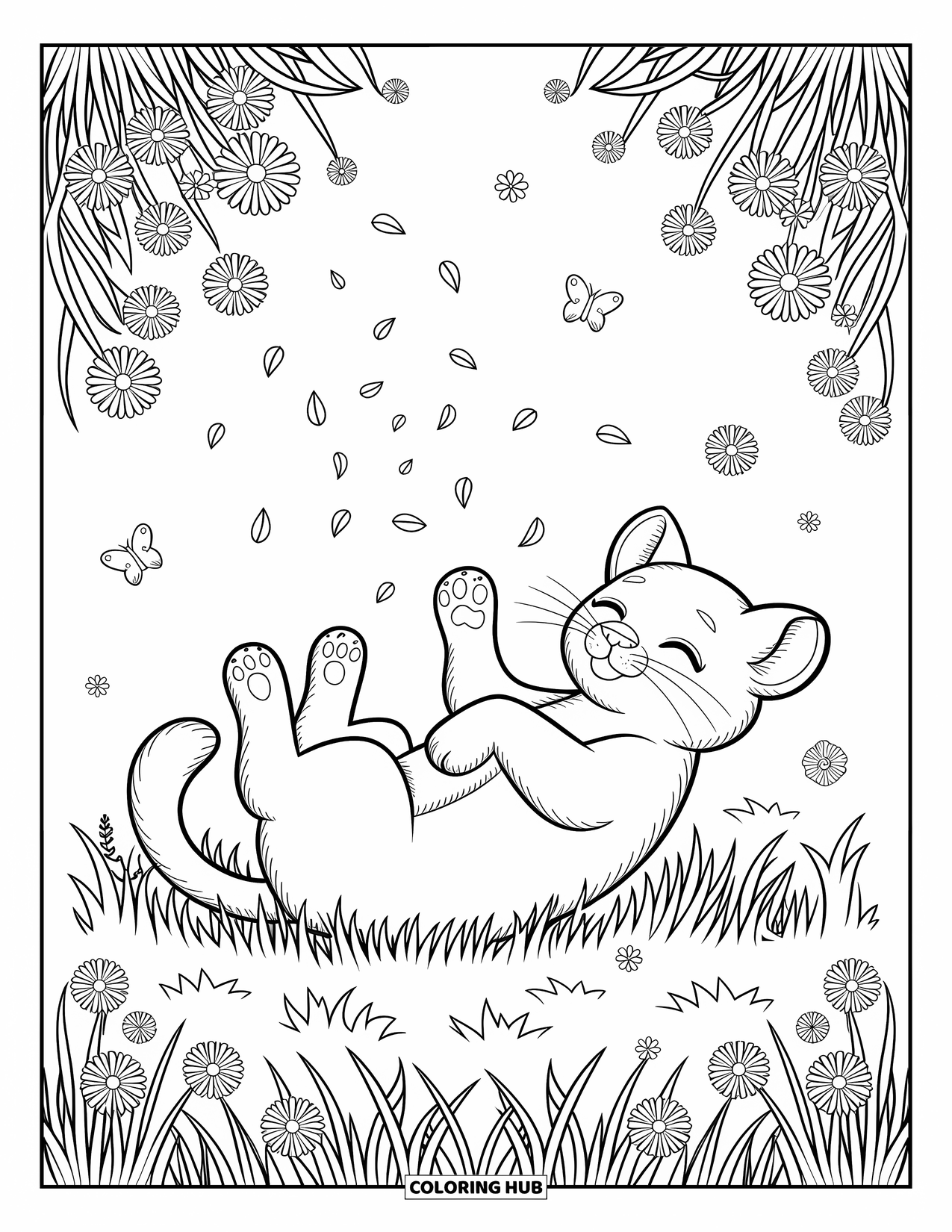 Puma Coloring Page for Adults: A puma cub plays in a meadow, paws raised and petals floating all around