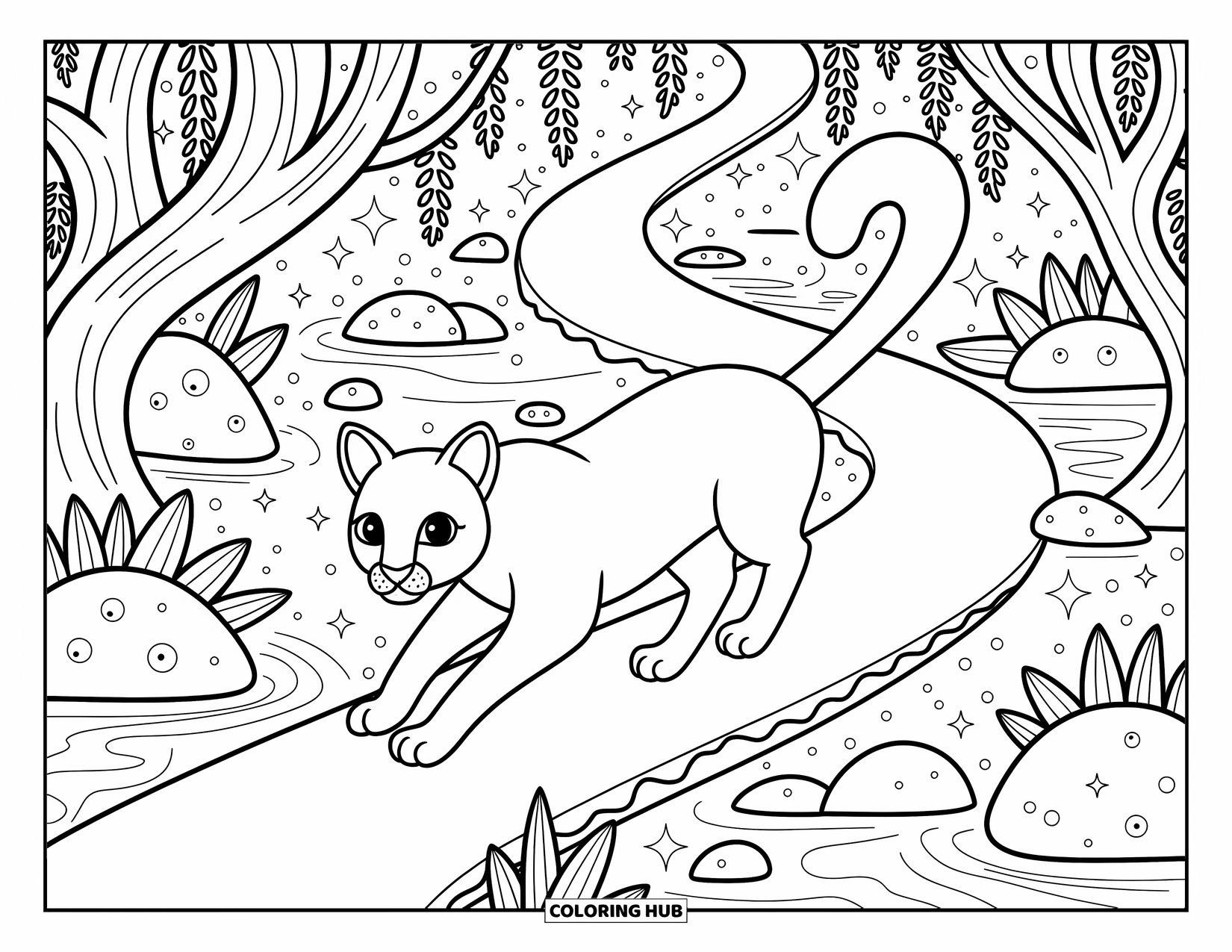 Puma Coloring Page for Adults: A puma follows a winding trail past floating seeds, swirly trees, and glowing moss