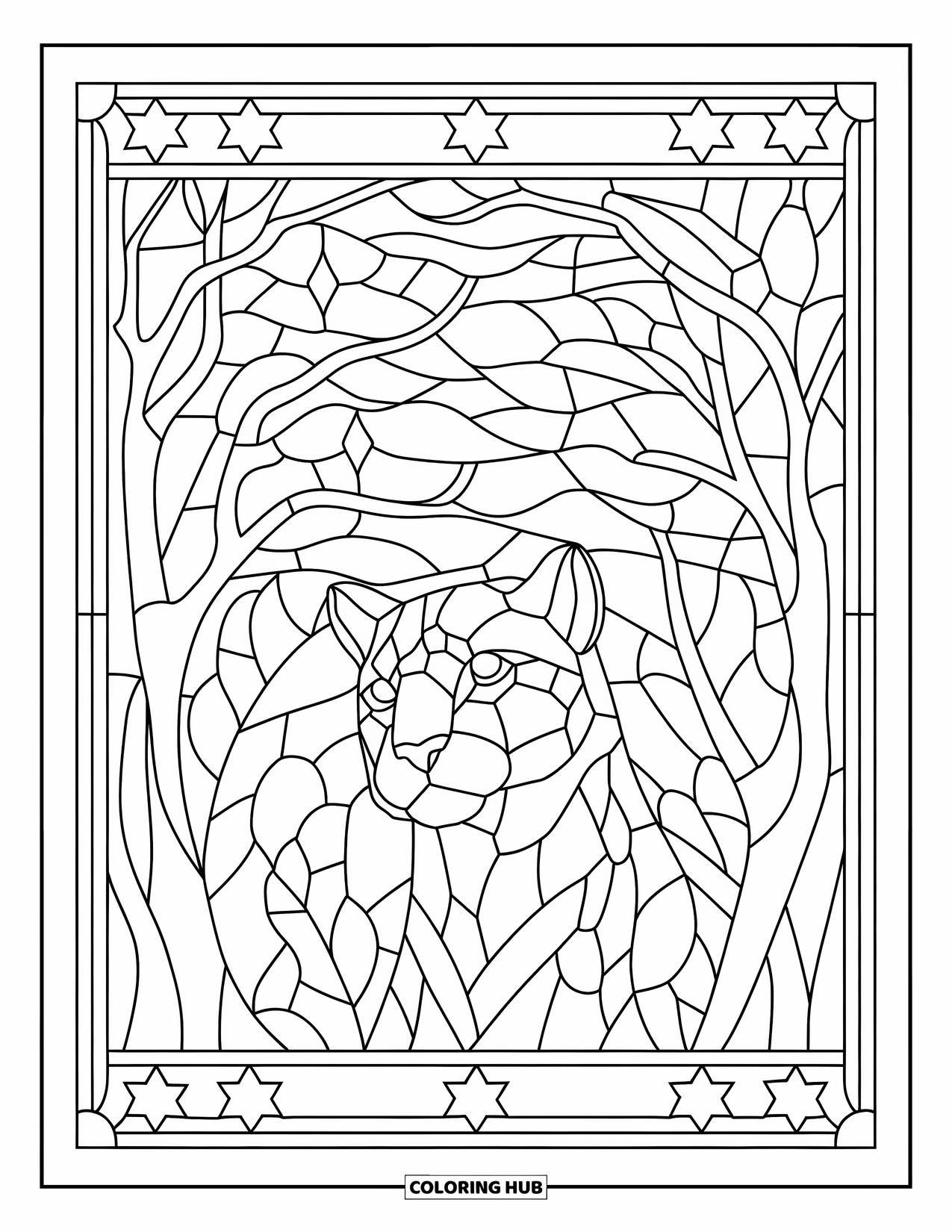 Puma Coloring Page for Adults: A puma head glows inside a stained glass panel filled with stars and swirling trees
