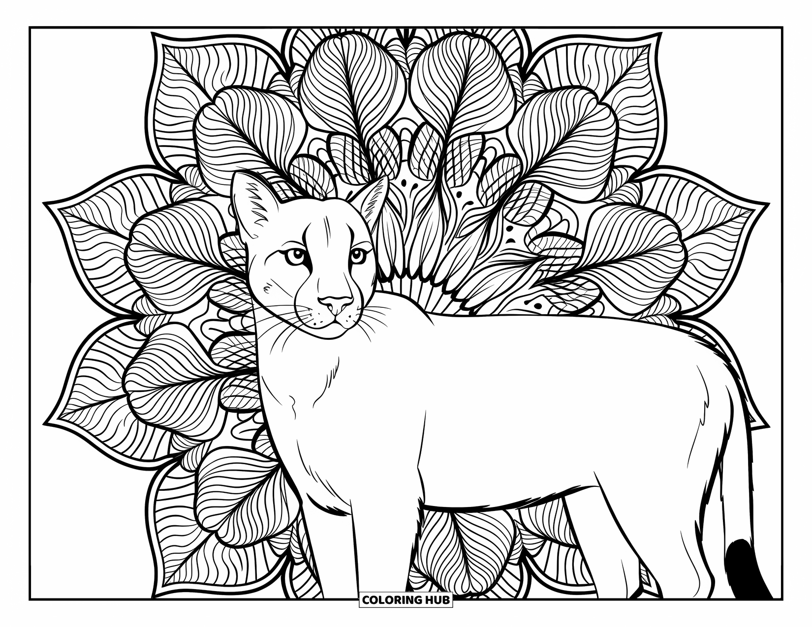 Puma Coloring Page for Adults: A puma turns its head in front of swirling fern designs shaped like a mandala