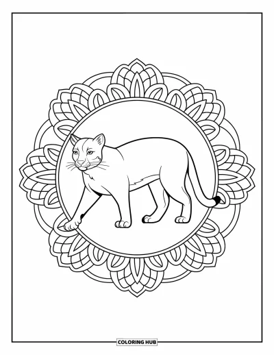 Desen de colorat cu pume pentru adulți: O pumă pășește printre petalele de lotus ale unei mandala cu modele florale complexe