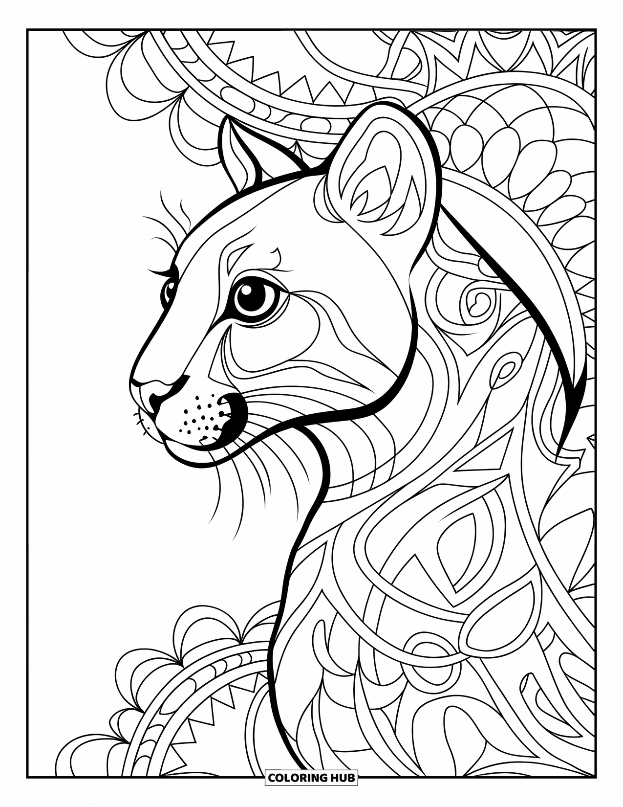 Puma Coloring Page for Adults: A puma's side profile blends into swirling vines and floral mandala patterns