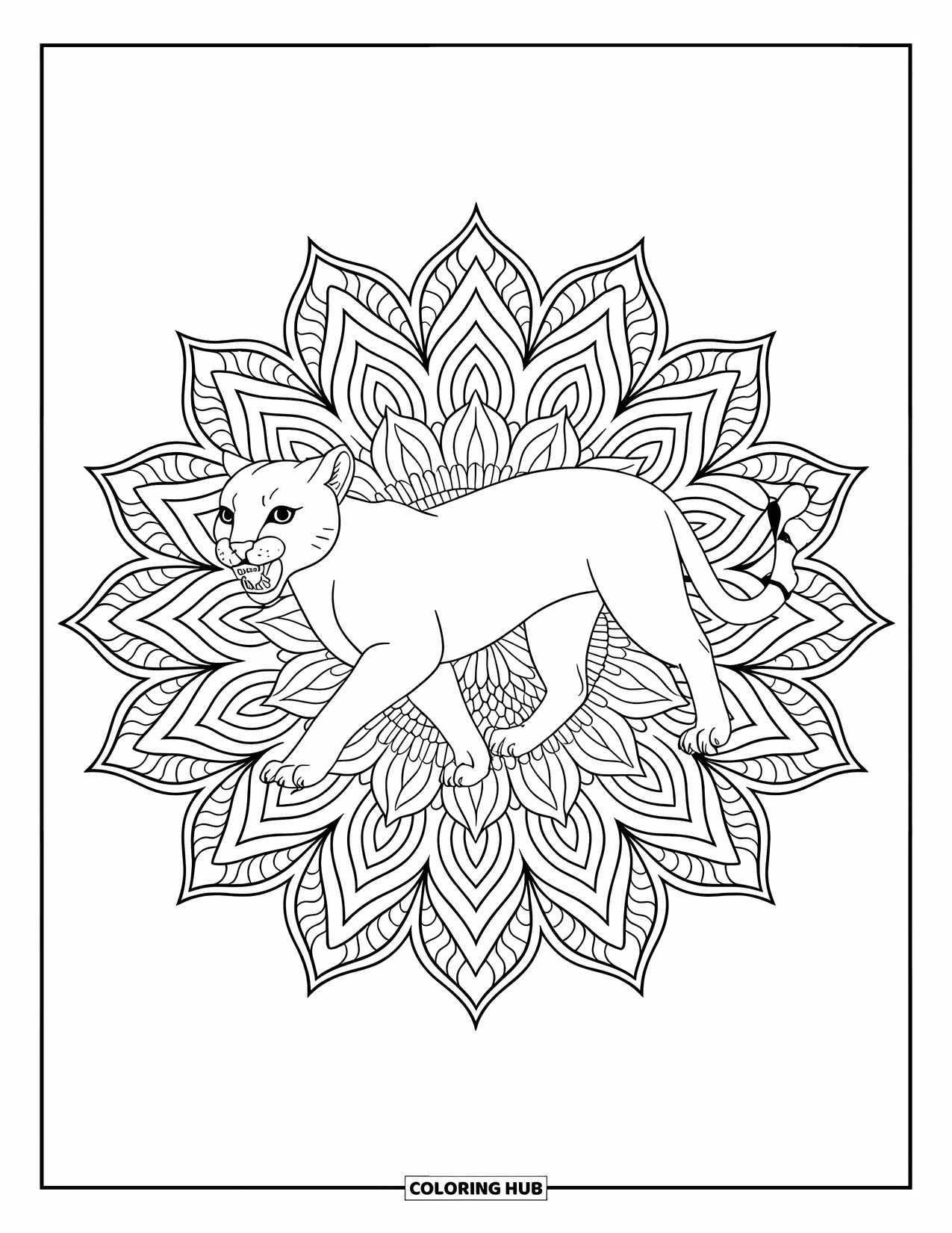 Puma Coloring Page for Adults: A roaring puma walks inside a circular mandala made of lotus flowers and leaves