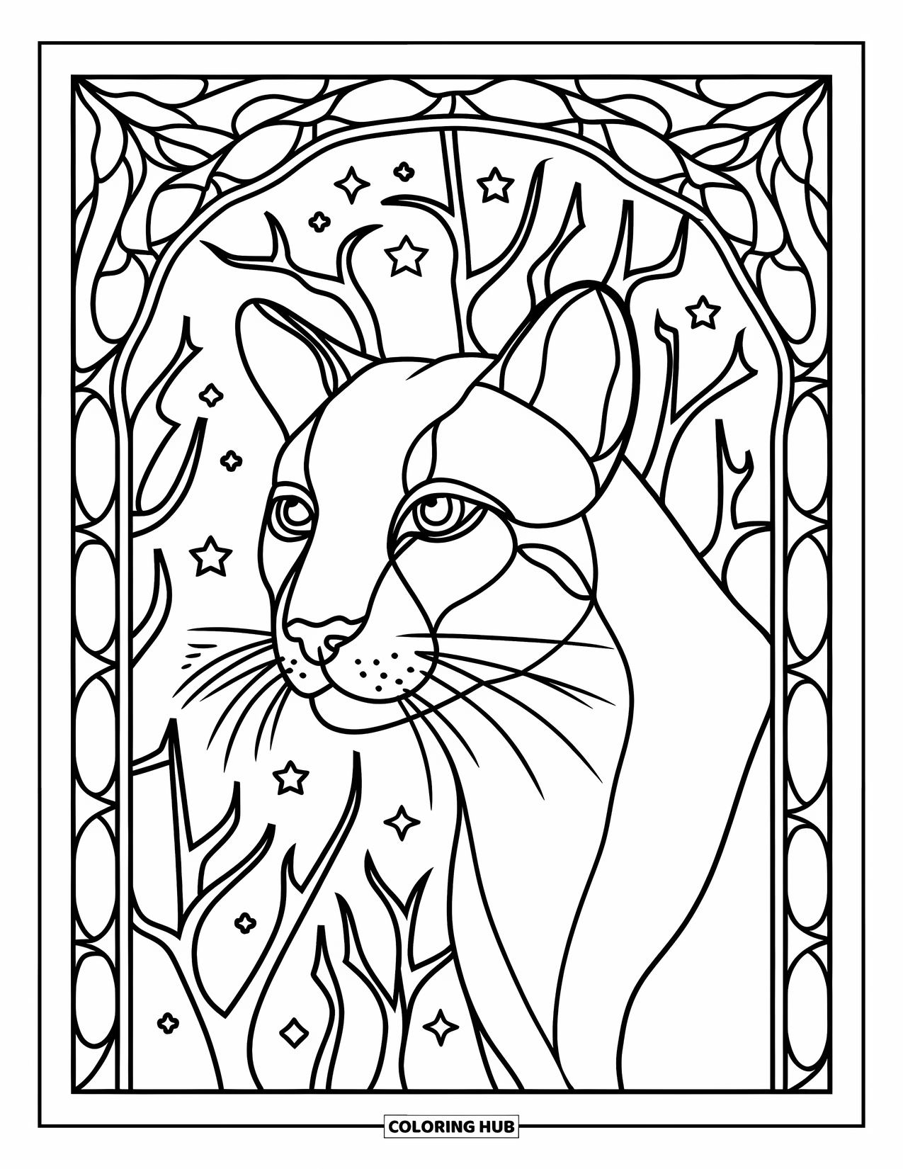 Puma Coloring Page for Adults: A stained glass frame holds a puma head with twisting branches and tiny stars