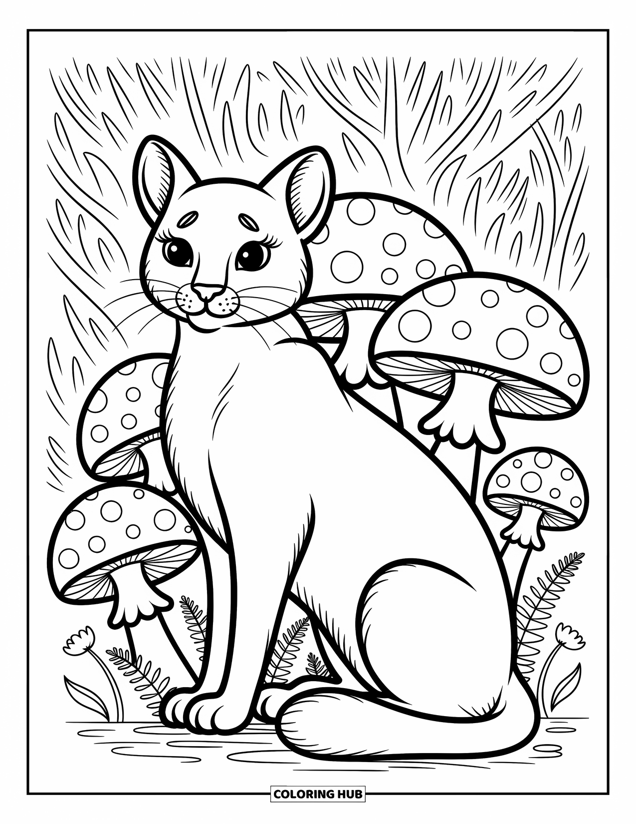 Puma Coloring Page for Adults: A sweet puma peeks from giant mushrooms among ferns, flowers, and soft woodland light