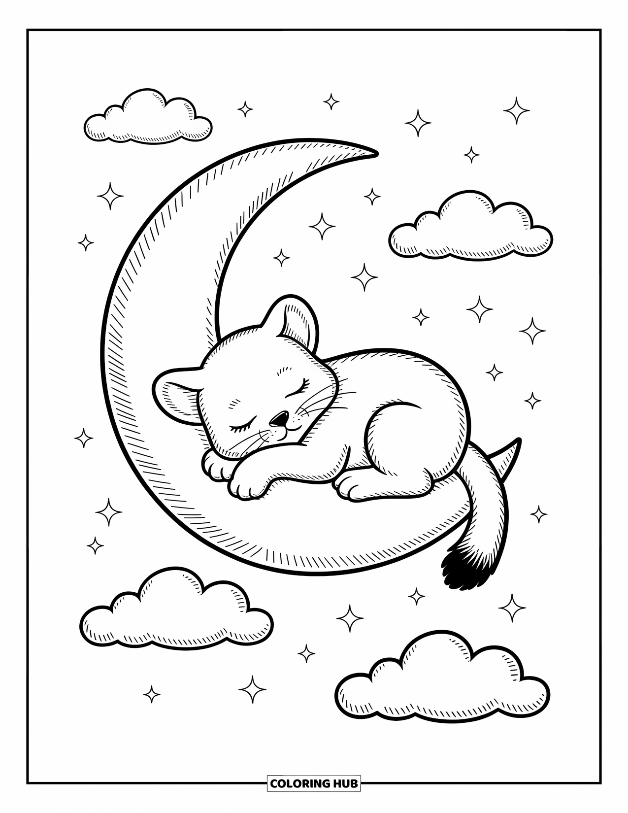 Puma Coloring Page for Adults: A tiny puma naps on the moon, surrounded by stars and fluffy drifting clouds