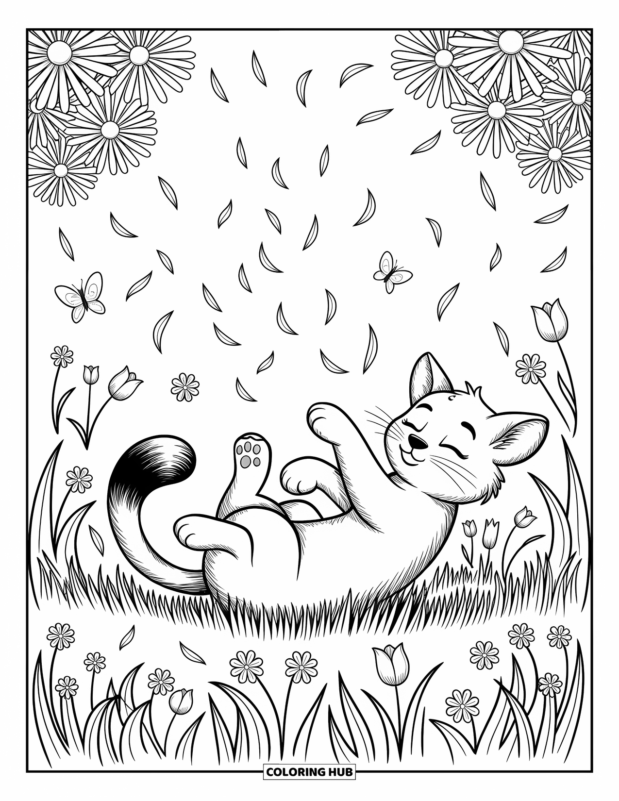 Puma Coloring Page for Adults: A young puma bats at petals while rolling in a field of soft wildflowers