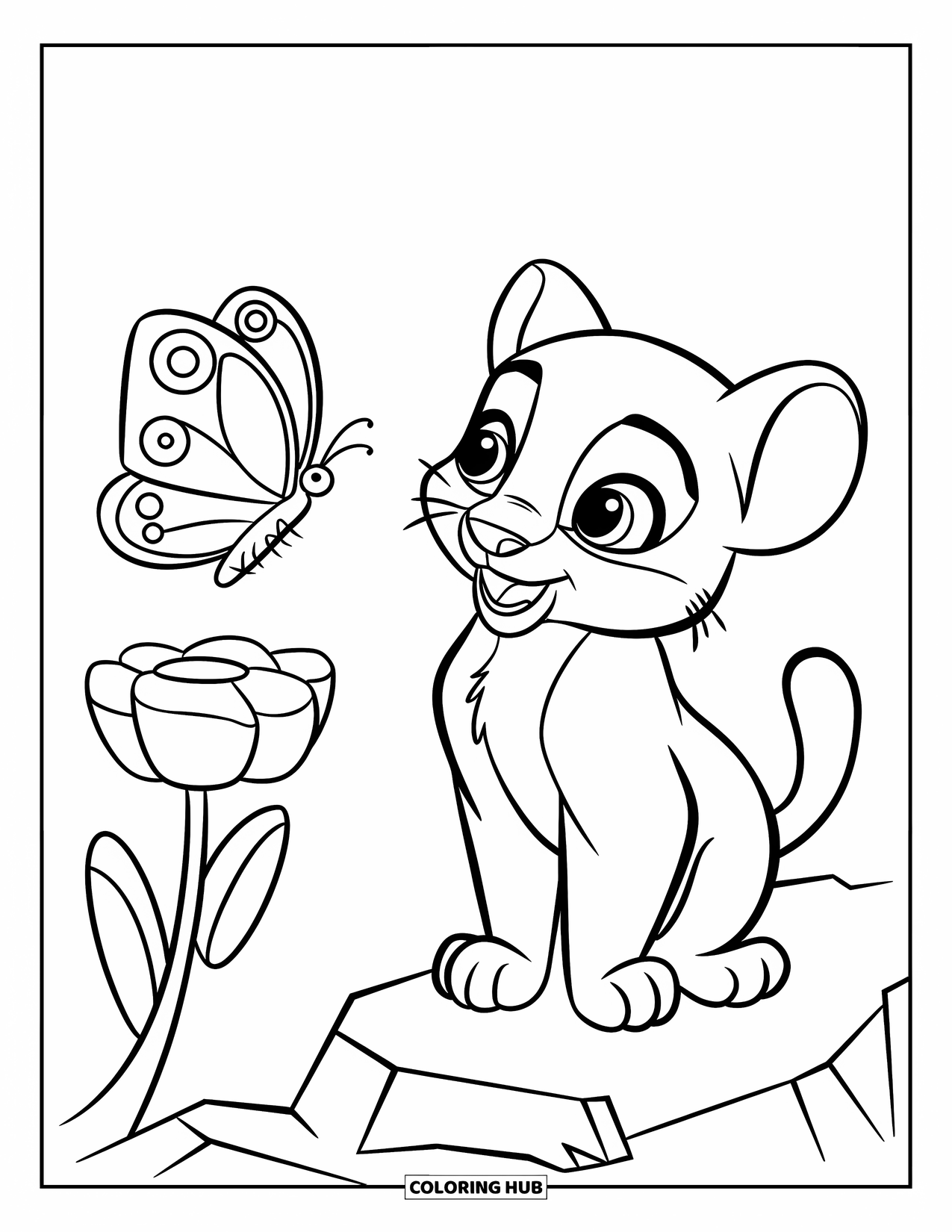 Puma Coloring Page for Kids: A baby puma sits and gazes at a butterfly perched on a flower