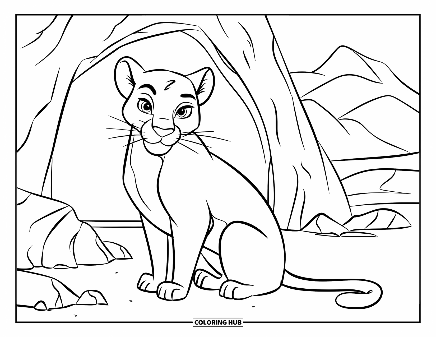 Puma Coloring Page for Kids: A calm puma rests by a cave with distant mountains behind