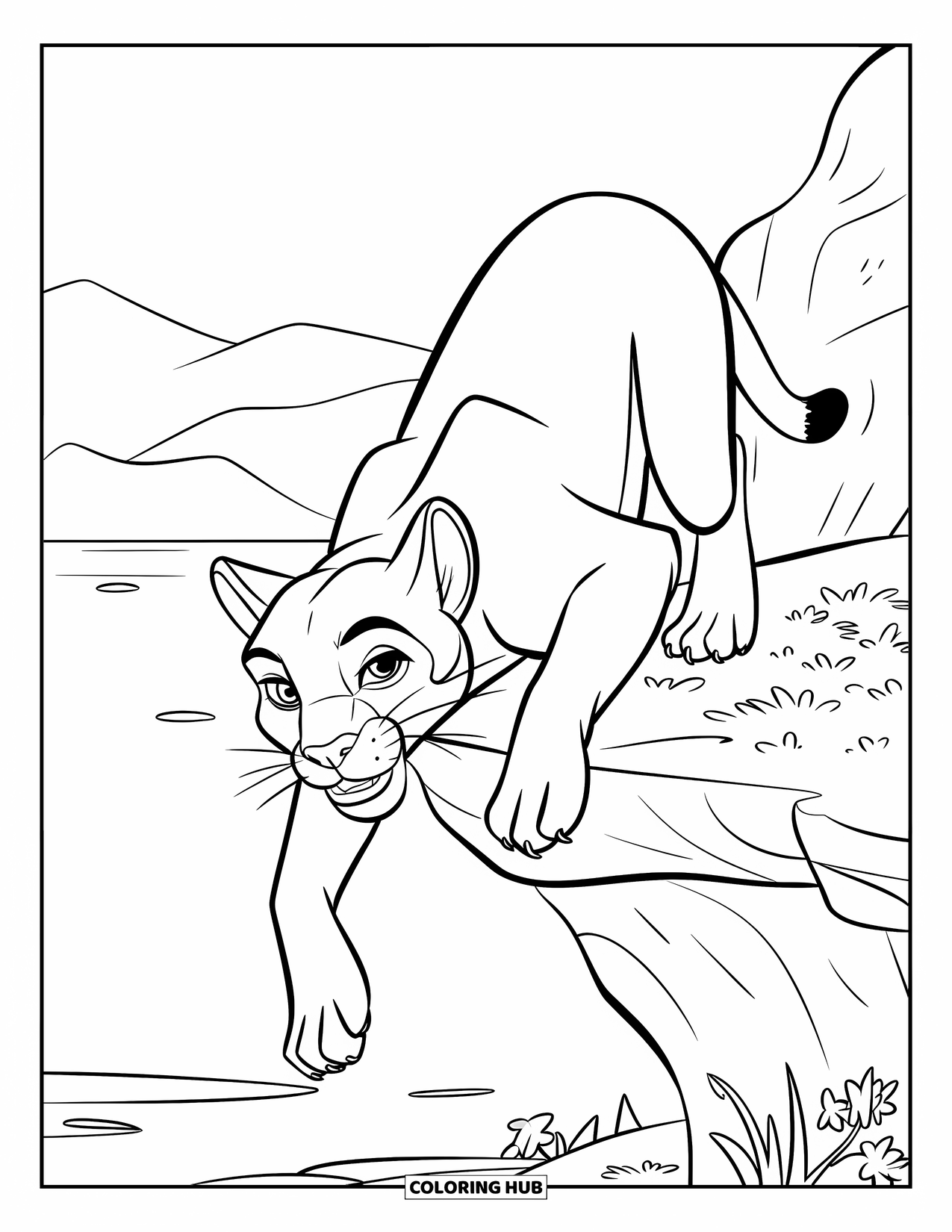 Puma Coloring Page for Kids: A fierce puma crouches on a ledge, ready to leap into the wild