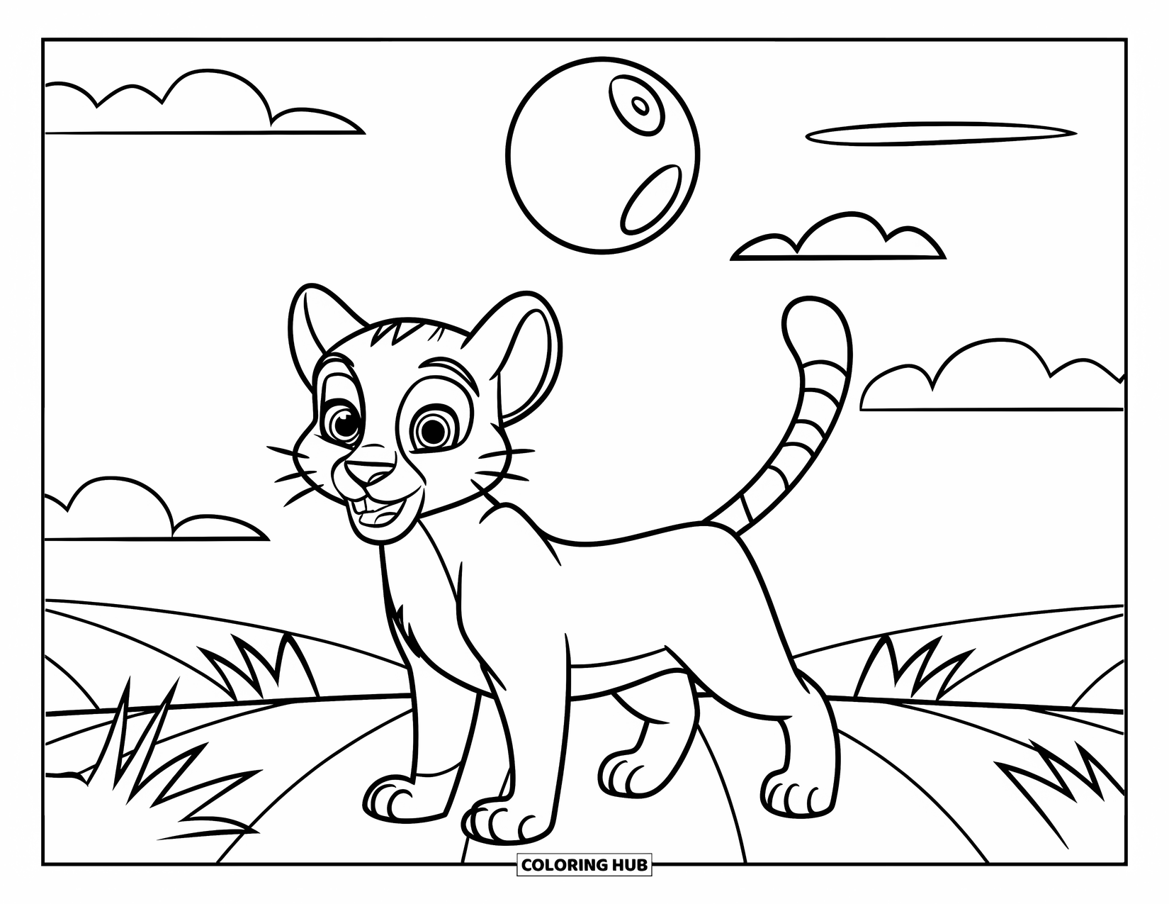 Puma Coloring Page for Kids: A happy puma stands under a big moon with playful clouds above