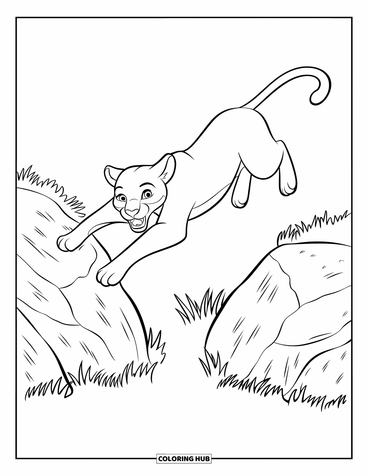 Puma Coloring Page for Kids: A leaping puma soars between rocks, claws out and mouth open