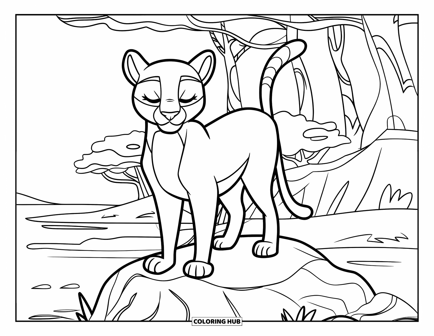 Puma Coloring Page for Kids: A peaceful puma stands on a rocky hill with trees swaying in the breeze