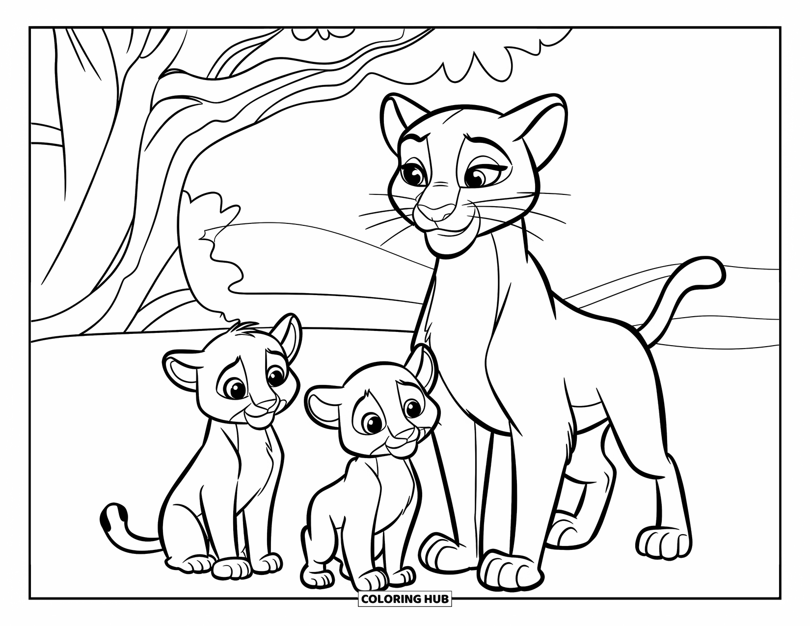 Puma Coloring Page for Kids: A proud puma stands with two cubs in a forest clearing