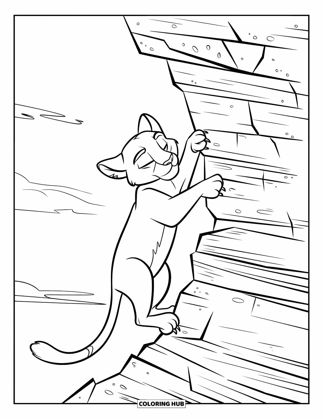 Puma Coloring Page for Kids: A puma climbs a rocky cliff, its eyes closed in deep concentration