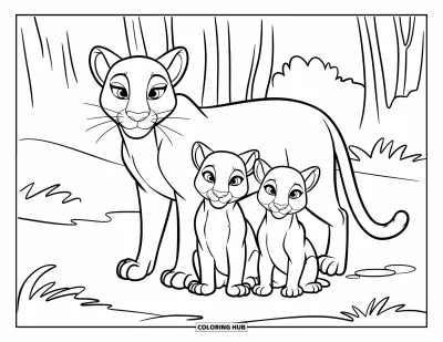 Desen de colorat cu pume pentru copii: O familie de pume se odihnește în iarbă, înconjurată de copaci liniștiți și spații deschise